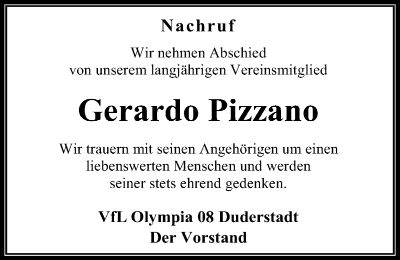  Traueranzeige für Gerardo Pizzano vom 06.10.2020 aus Eichsfelder Tageblatt