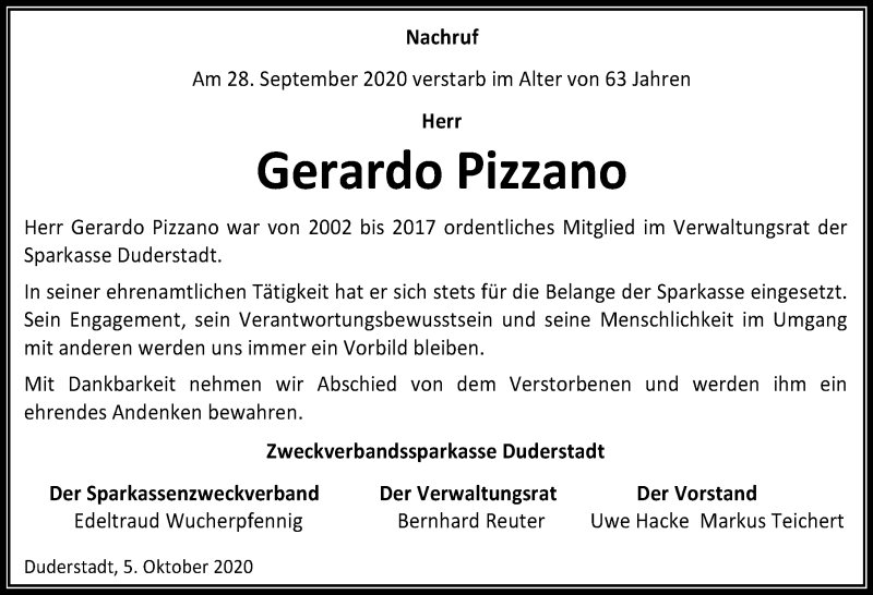  Traueranzeige für Gerardo Pizzano vom 05.10.2020 aus Eichsfelder Tageblatt