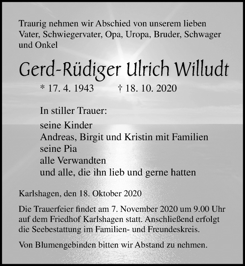  Traueranzeige für Gerd-Rüdiger Ulrich Willudt vom 24.10.2020 aus Ostsee-Zeitung GmbH
