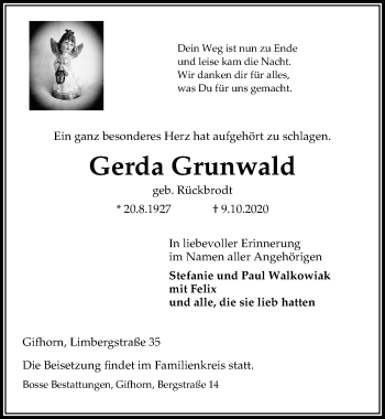 Traueranzeige von Gerda Grunwald von Aller Zeitung