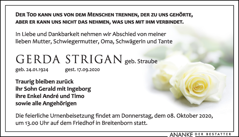  Traueranzeige für Gerda Strigan vom 02.10.2020 aus Leipziger Volkszeitung