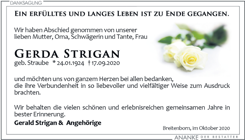  Traueranzeige für Gerda Strigan vom 24.10.2020 aus Leipziger Volkszeitung