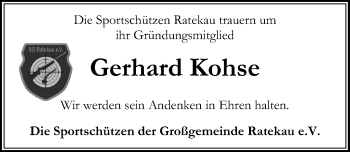 Traueranzeige von Gerhard Kohse von Lübecker Nachrichten