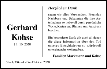 Traueranzeige von Gerhard Kohse von Lübecker Nachrichten