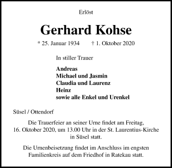 Traueranzeige von Gerhard Kohse von Lübecker Nachrichten