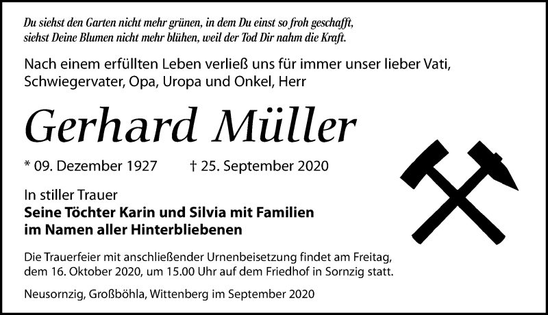  Traueranzeige für Gerhard Müller vom 02.10.2020 aus Leipziger Volkszeitung