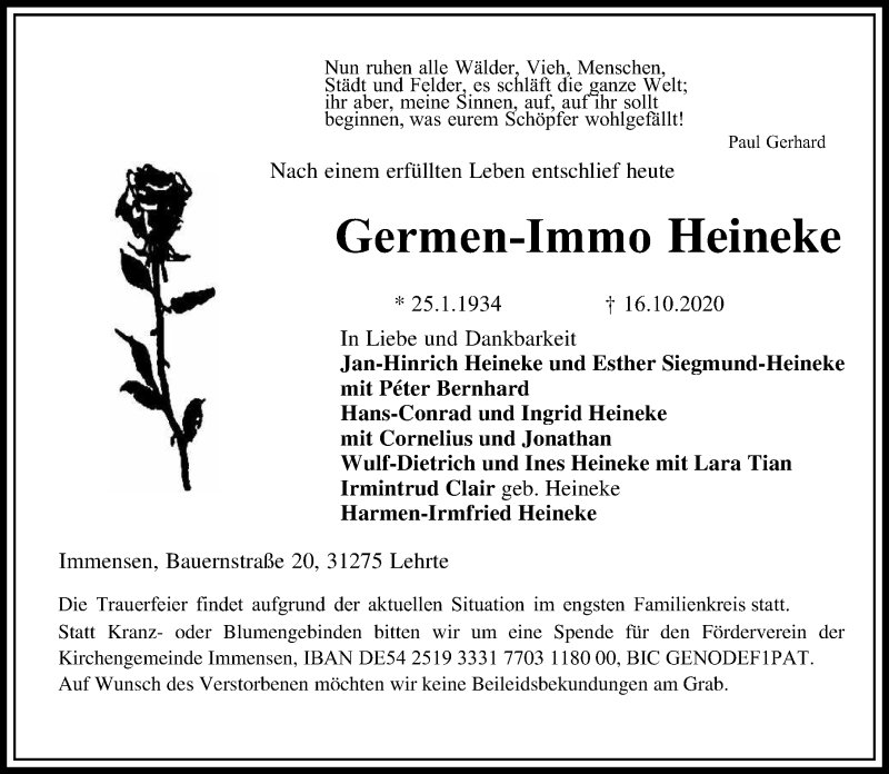  Traueranzeige für Germen-Immo Heineke vom 19.10.2020 aus Hannoversche Allgemeine Zeitung/Neue Presse