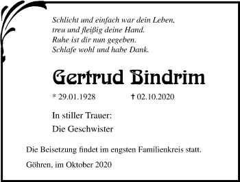 Traueranzeige von Gertrud Bindrim von Ostsee-Zeitung GmbH