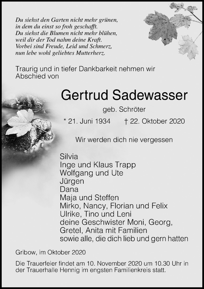  Traueranzeige für Gertrud Sadewasser vom 30.10.2020 aus Ostsee-Zeitung GmbH