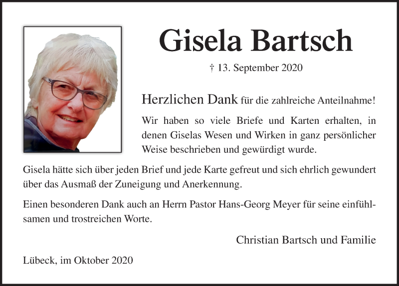  Traueranzeige für Gisela Bartsch vom 11.10.2020 aus Lübecker Nachrichten