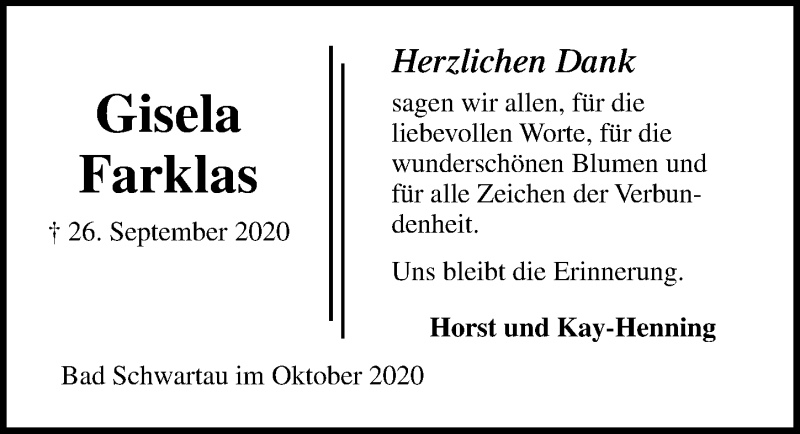  Traueranzeige für Gisela Farklas vom 25.10.2020 aus Lübecker Nachrichten