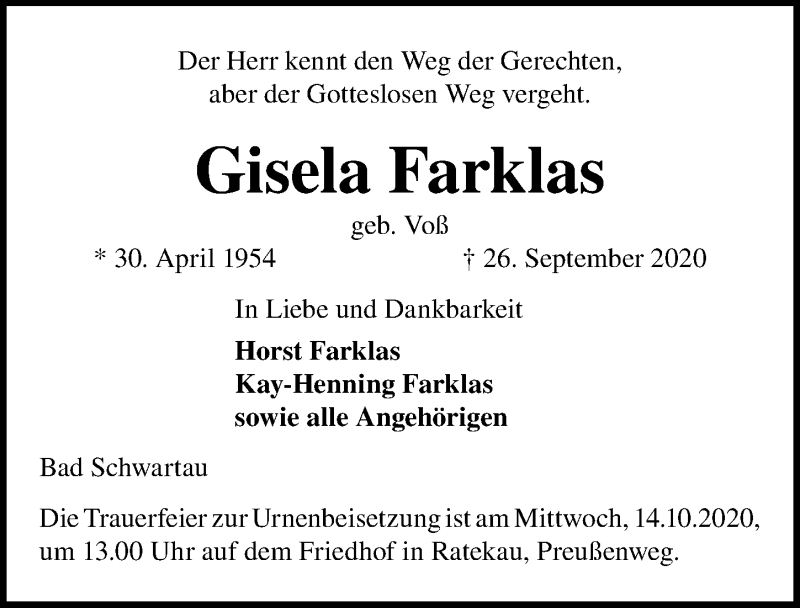  Traueranzeige für Gisela Farklas vom 03.10.2020 aus Lübecker Nachrichten