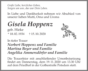 Traueranzeige von Gisela Hoppenz von Märkischen Allgemeine Zeitung