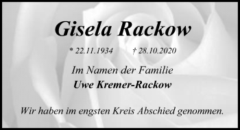 Traueranzeige von Gisela Rackow von Lübecker Nachrichten
