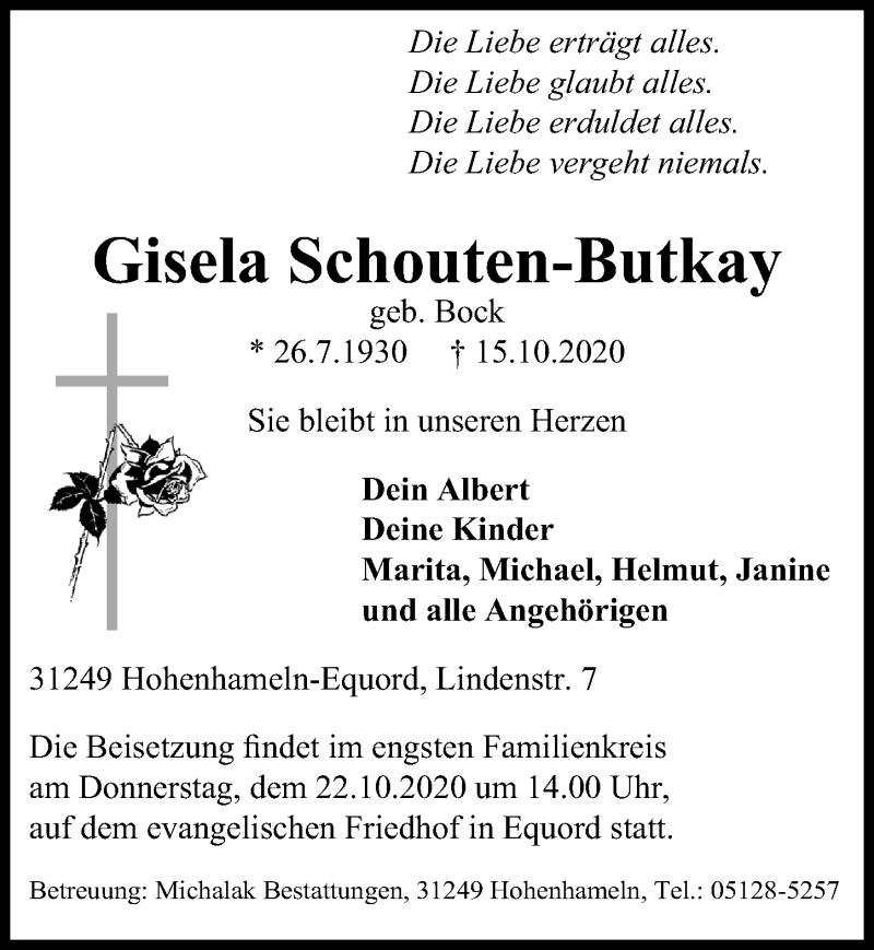  Traueranzeige für Gisela Schouten-Butkay vom 20.10.2020 aus Peiner Allgemeine Zeitung