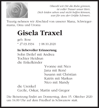 Traueranzeige von Gisela Traxel von Märkischen Allgemeine Zeitung