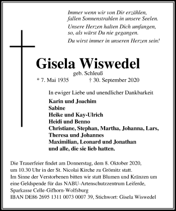 Traueranzeige von Gisela Wiswedel von Aller Zeitung