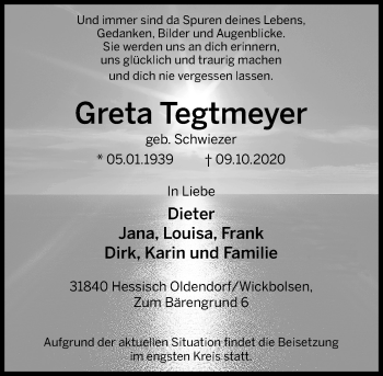 Traueranzeige von Greta Tegtmeyer von Schaumburger Nachrichten