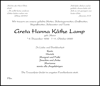 Traueranzeige von Greta Hanna Lamp von Kieler Nachrichten