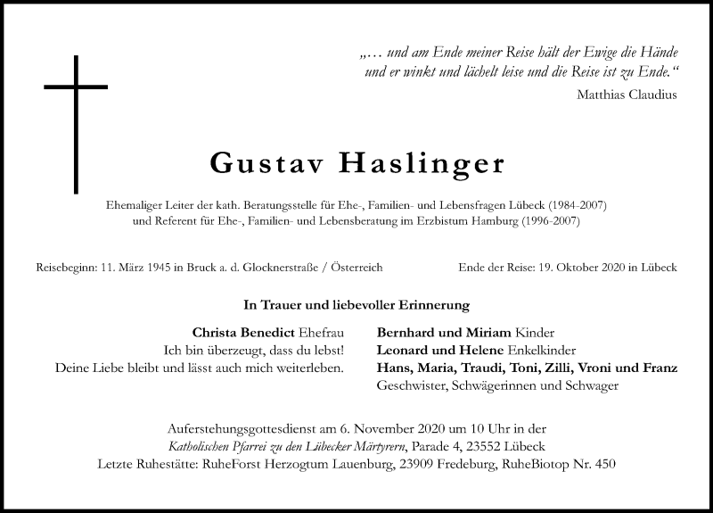  Traueranzeige für Gustav Haslinger vom 25.10.2020 aus Lübecker Nachrichten