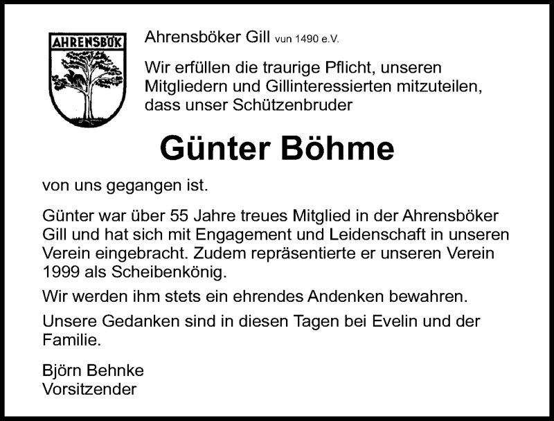  Traueranzeige für Günter Böhme vom 17.10.2020 aus Lübecker Nachrichten