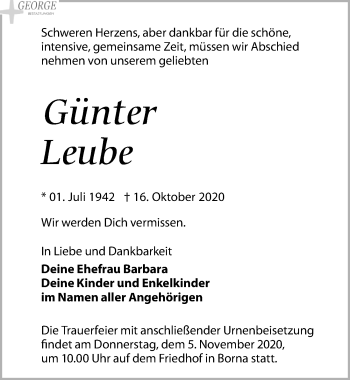 Traueranzeige von Günter Leube von Leipziger Volkszeitung