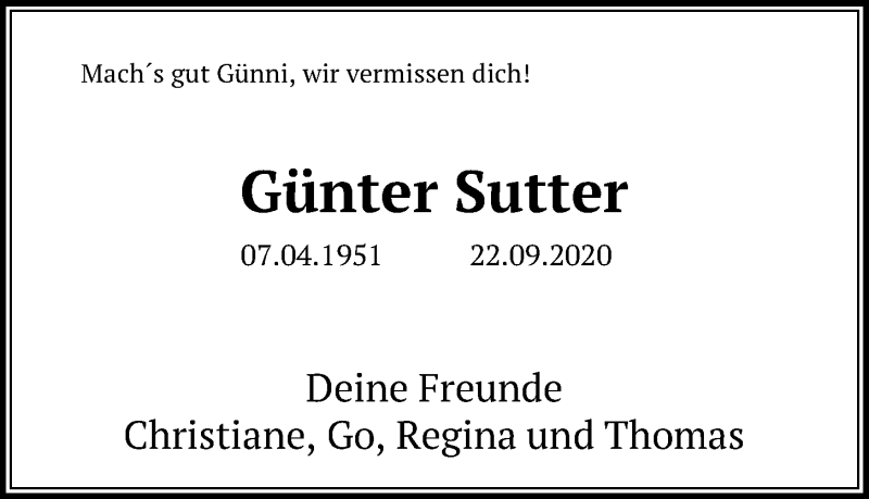  Traueranzeige für Günter Sutter vom 02.10.2020 aus Kieler Nachrichten