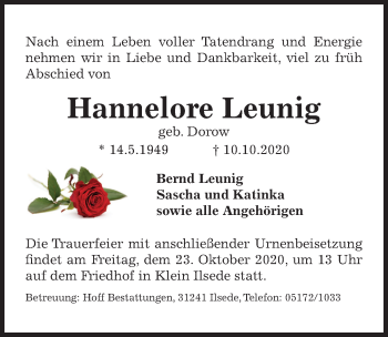 Traueranzeige von Hannelore Leunig von Peiner Allgemeine Zeitung