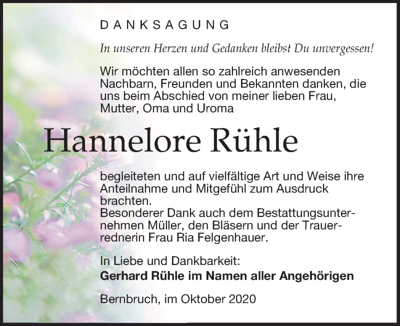 Traueranzeige für Hannelore Rühle vom 30.10.2020 aus Leipziger Volkszeitung