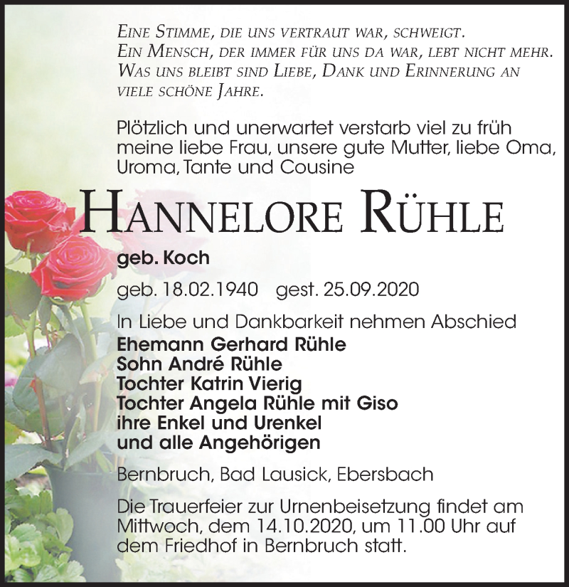  Traueranzeige für Hannelore Rühle vom 02.10.2020 aus Leipziger Volkszeitung