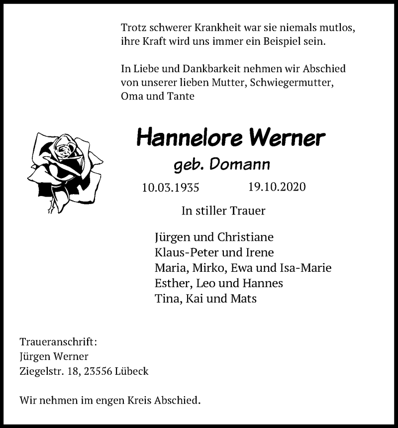 Traueranzeigen Von Hannelore Werner Trauer Anzeigende 