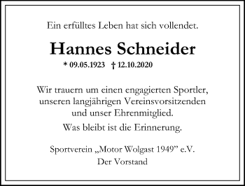 Traueranzeige von Hannes Schneider von Ostsee-Zeitung GmbH