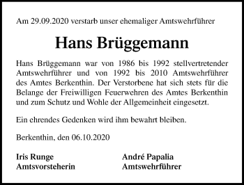 Traueranzeige von Hans Brüggemann von Lübecker Nachrichten