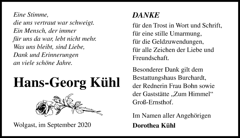  Traueranzeige für Hans-Georg Kühl vom 10.10.2020 aus Ostsee-Zeitung GmbH