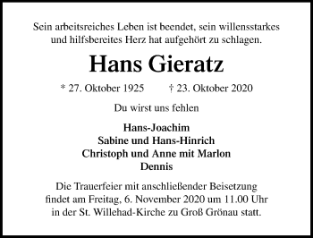 Traueranzeige von Hans Gieratz von Lübecker Nachrichten