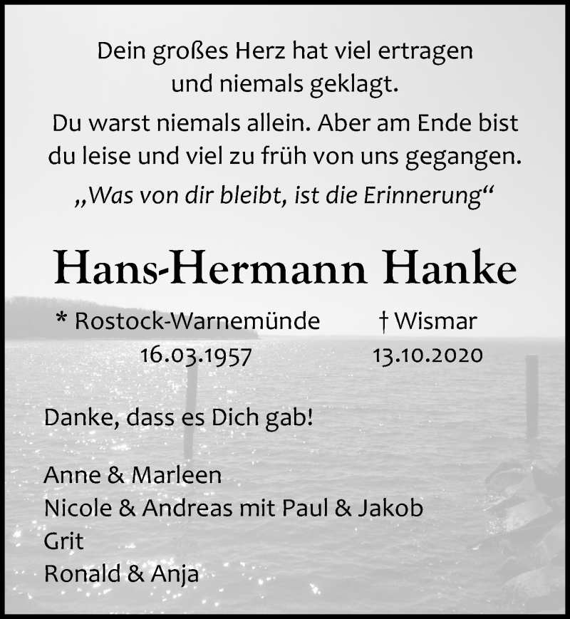  Traueranzeige für Hans-Hermann Hanke vom 17.10.2020 aus Ostsee-Zeitung GmbH