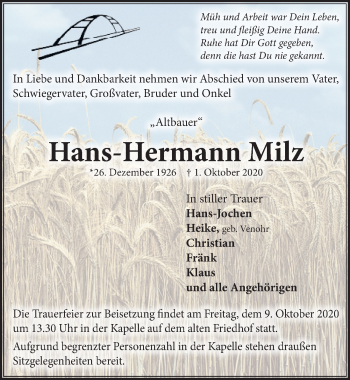 Traueranzeige von Hans-Hermann Milz von Lübecker Nachrichten