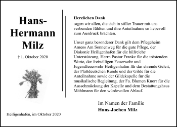 Traueranzeige von Hans-Hermann Milz von Lübecker Nachrichten