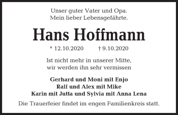 Traueranzeige von Hans Hoffmann von Kieler Nachrichten