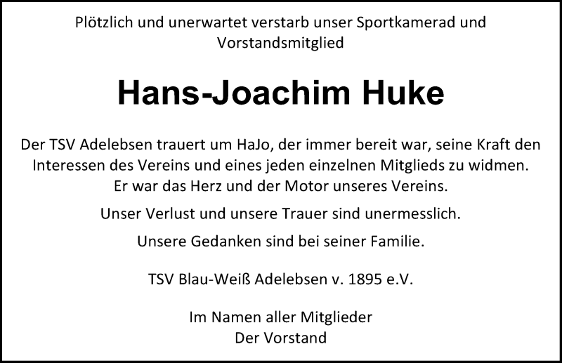  Traueranzeige für Hans-Joachim Huke vom 14.10.2020 aus Göttinger Tageblatt