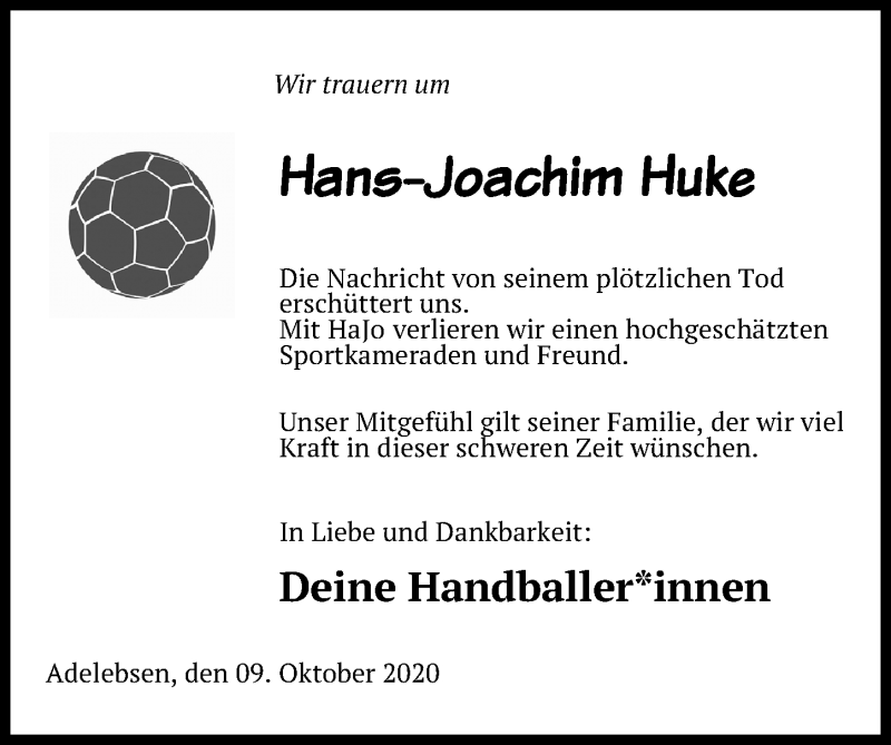  Traueranzeige für Hans-Joachim Huke vom 14.10.2020 aus Göttinger Tageblatt