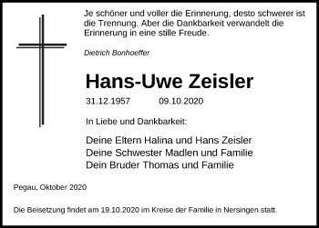 Traueranzeige von Hans-Uwe Zeisler von Leipziger Volkszeitung