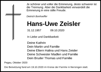 Traueranzeige von Hans-Uwe Zeisler von Leipziger Volkszeitung