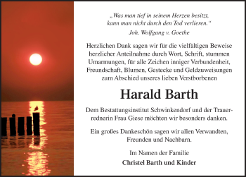 Traueranzeige von Harald Barth von Ostsee-Zeitung GmbH