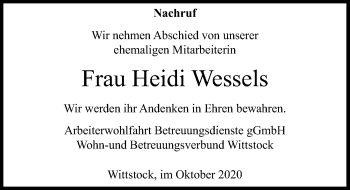 Traueranzeige von Heidi Wessels von Märkischen Allgemeine Zeitung