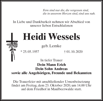 Traueranzeige von Heidi Wessels von Märkischen Allgemeine Zeitung