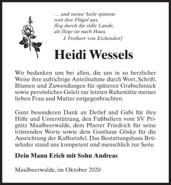 Traueranzeige von Heidi Wessels von Märkischen Allgemeine Zeitung