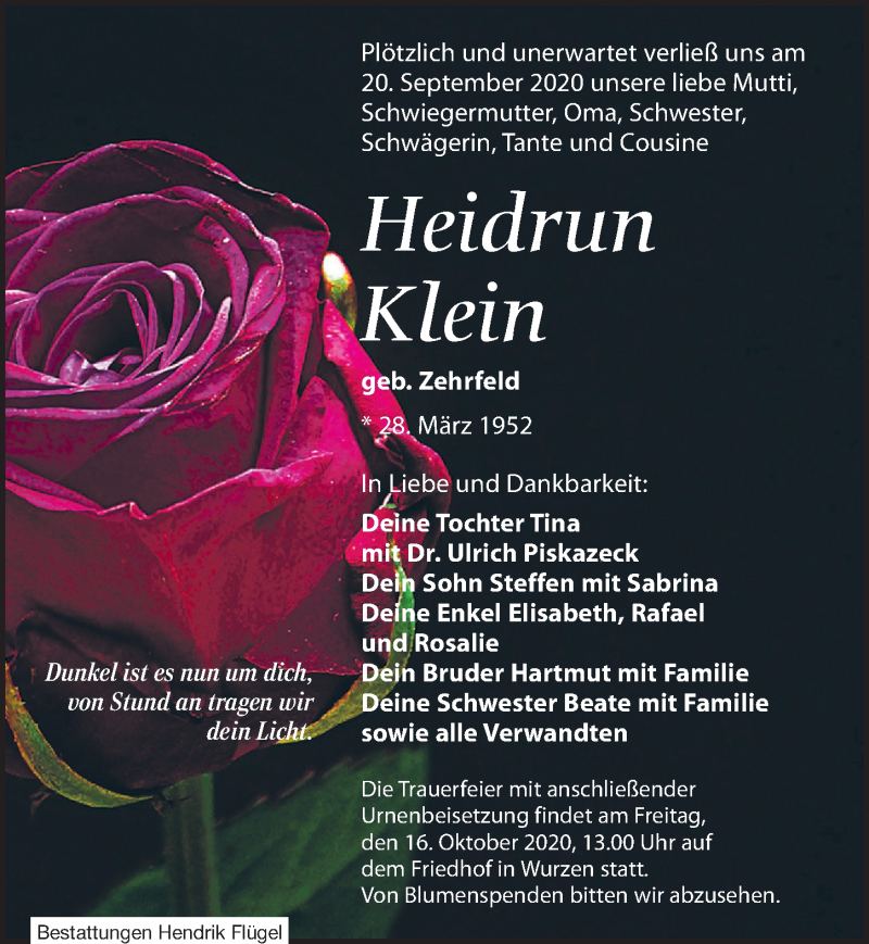  Traueranzeige für Heidrun Klein vom 10.10.2020 aus Leipziger Volkszeitung