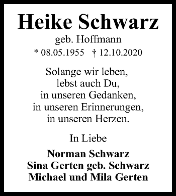 Traueranzeige von Heike Schwarz von Hannoversche Allgemeine Zeitung/Neue Presse