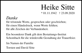 Traueranzeige von Heike Sitte von Ostsee-Zeitung GmbH
